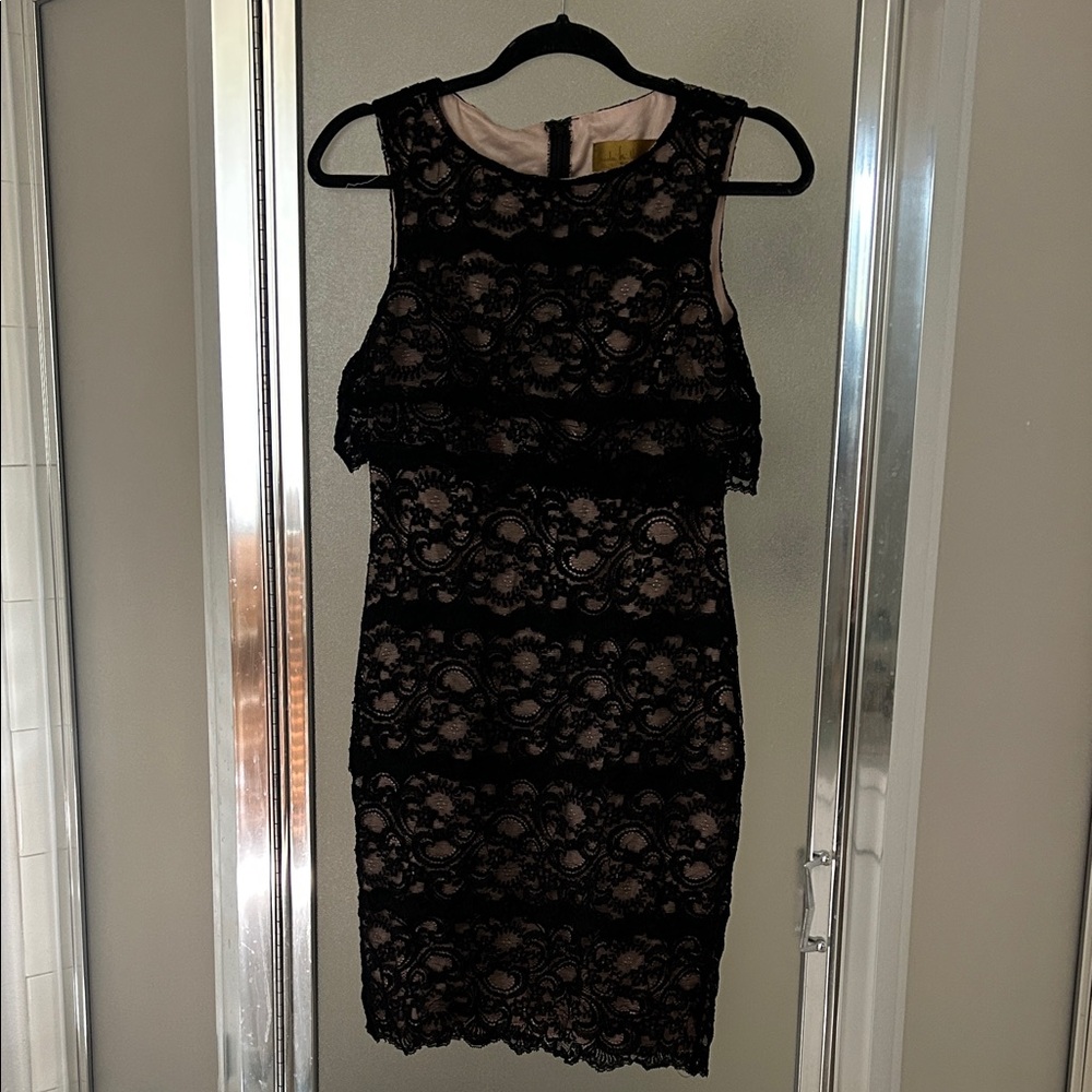 Nicole Miller Black and Cream Lace Midi Dress